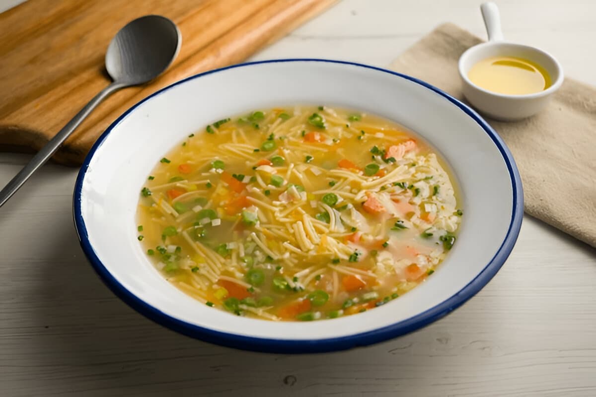Soupe vermicelle aux légumes dans une assiette blanche émaillée