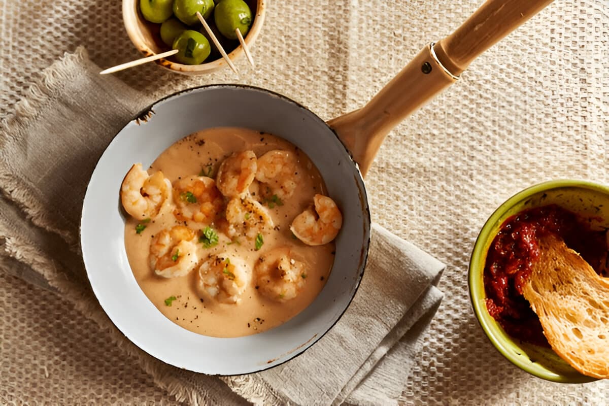 Scampis cuits dans une sauce crémeuse servis dans une poêle, accompagnés d’olives et pain à tremper.