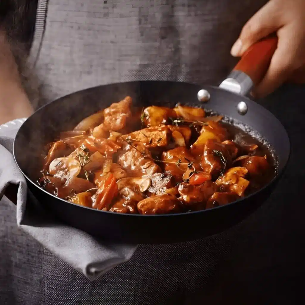  Un bol de goulash hongrois traditionnel, servi chaud avec du pain rustique.