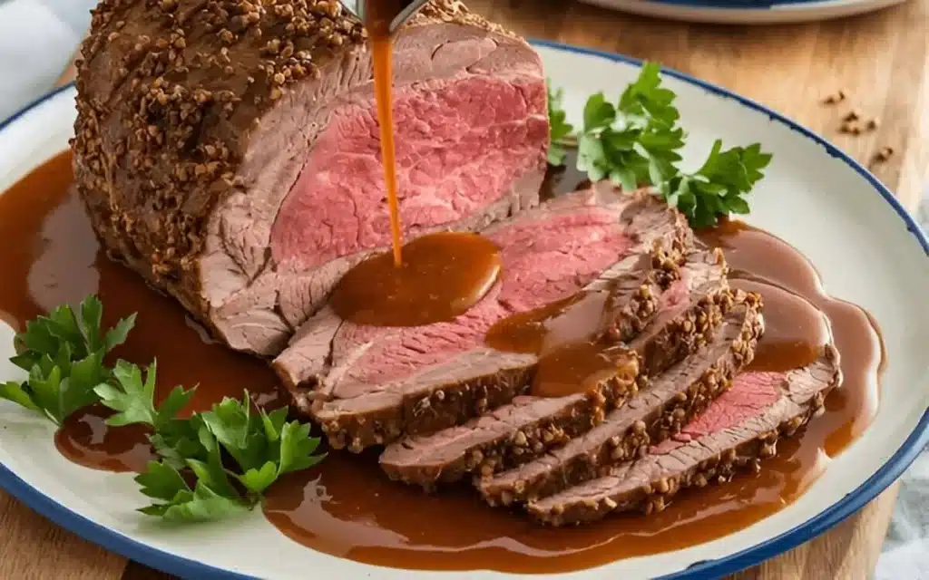  Rôti de bœuf rosé tranché nappé de sauce brune au poivre