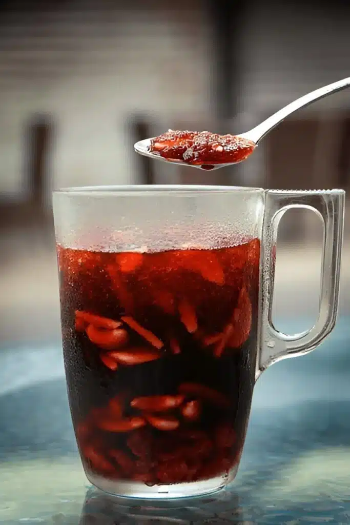 Gros plan sur un verre givré de Jallab avec des pignons visibles et une cuillère soulevée.