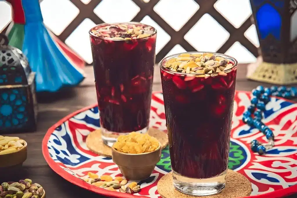 Deux verres de Jallab garnis de pignons et pistaches sur un plateau oriental coloré.