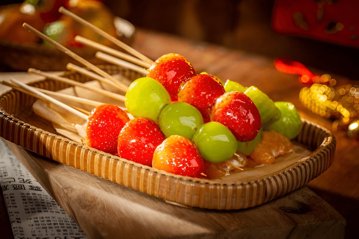 Brochettes de tanghulu avec fraises, raisins et mandarines Tanghulu assortis aux fruits