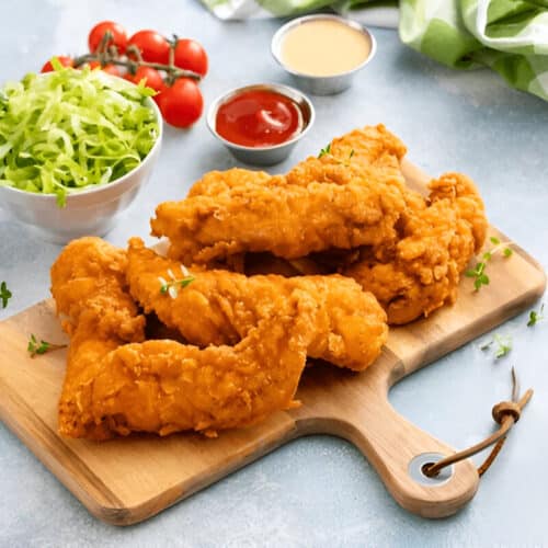 Présentation de poulet frit croustillant avec salade et tomates cerises