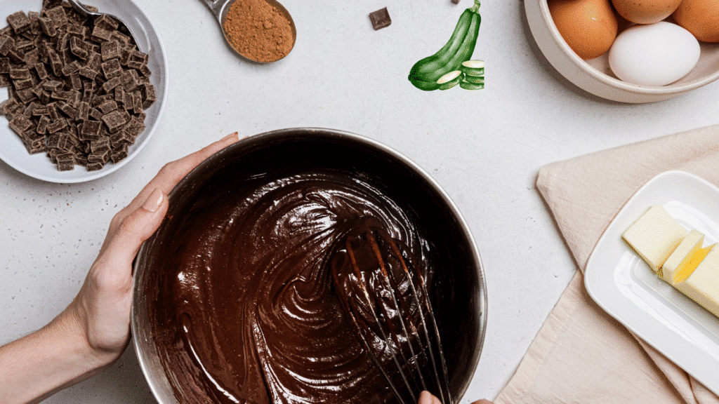 Pâte à gâteau au chocolat dans un saladier avec des courgettes et ingrédients autour : œufs, chocolat, cacao