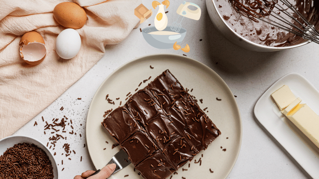 Gâteau au chocolat glacé coupé en parts avec œufs, chocolat et beurre visibles sur le plan de travail