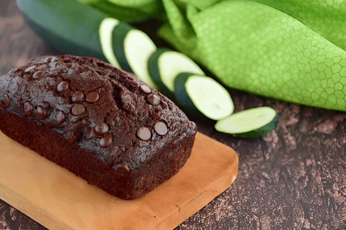 Tranche de gâteau chocolat courgette sur planche en bois avec rondelles de courgettes en arrière-plan