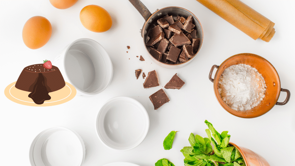 Ingrédients pour fondant au chocolat cœur coulant avec œufs, chocolat et farine