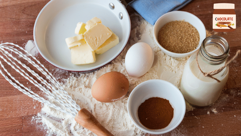 Ingrédients pour gâteau Nutella avec farine, beurre, œufs, lait et sucre