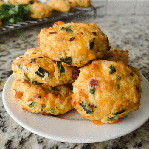 Cheddar bacon and chive breakfast protein biscuits stacked on a plate