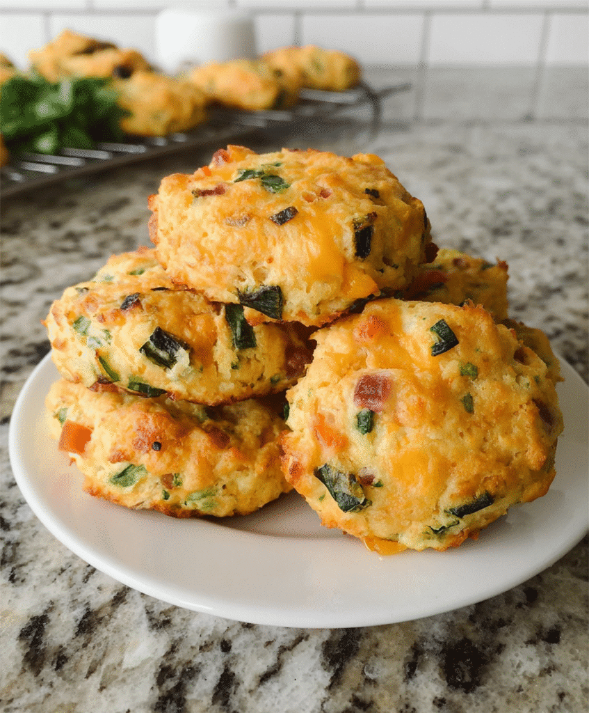 Cheddar bacon and chive breakfast protein biscuits stacked on a plate