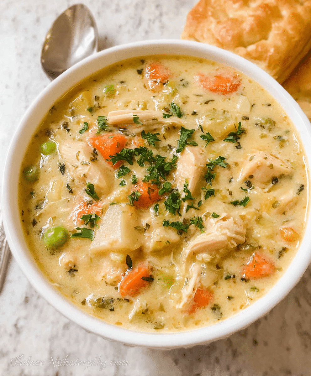 Creamy chicken pot pie soup in a white bowl, filled with carrots, peas, potatoes, and shredded chicken, garnished with fresh parsley and served with puff pastry on the side.