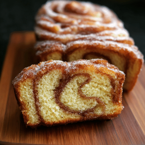 Moist cinnamon donut bread with a sugar swirl and crispy coating