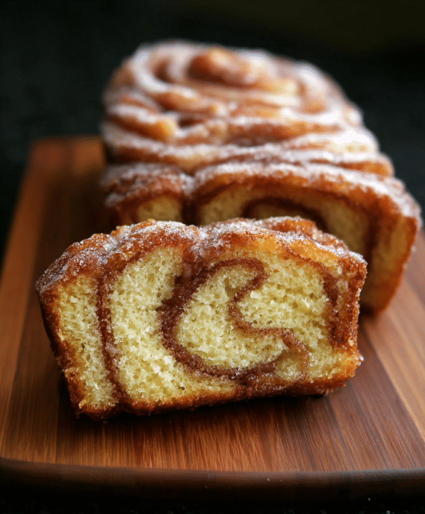 Moist cinnamon donut bread with a sugar swirl and crispy coating
