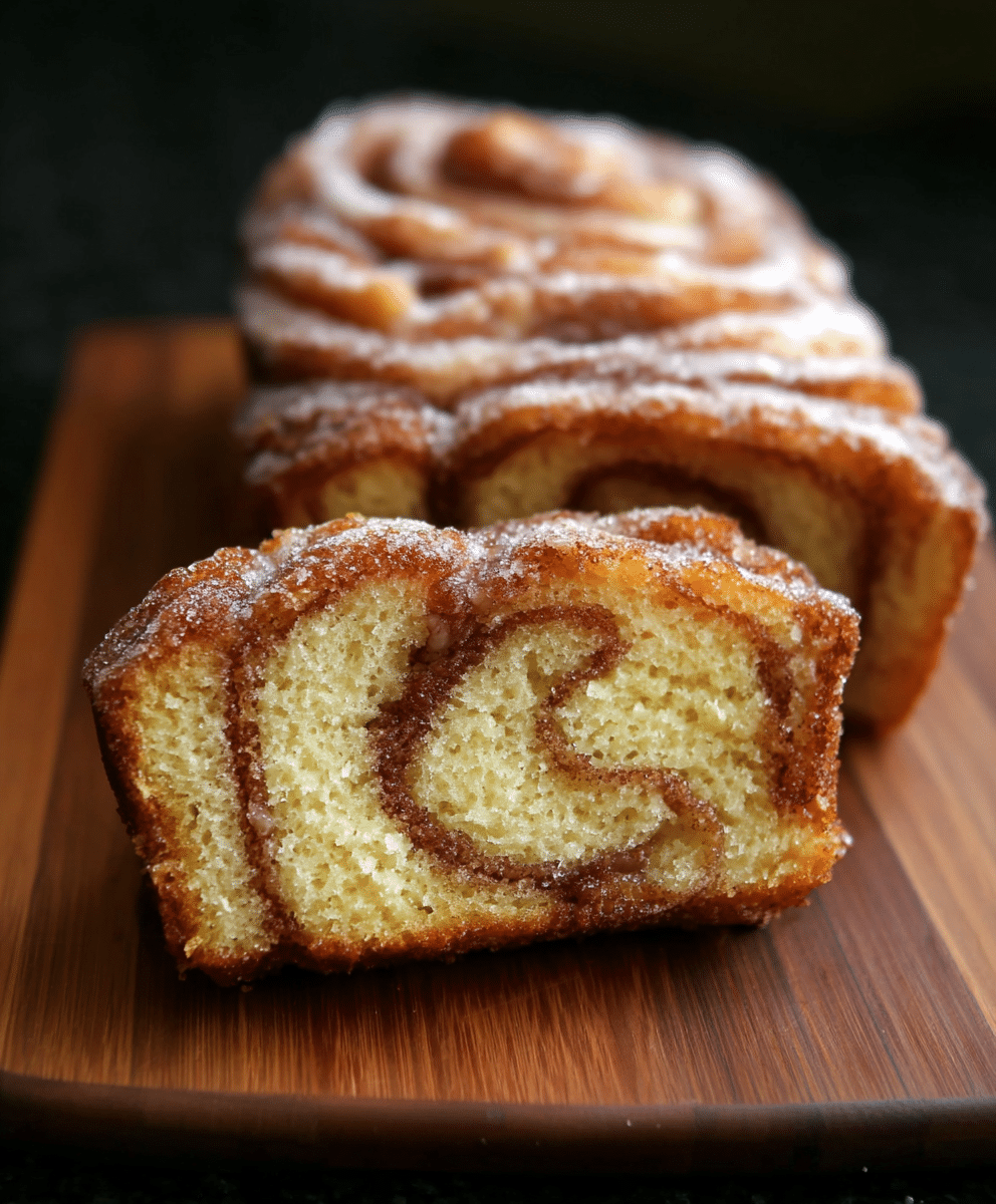 Moist cinnamon donut bread with a sugar swirl and crispy coating