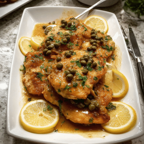 Crockpot chicken piccata with lemon slices and capers on a white plate