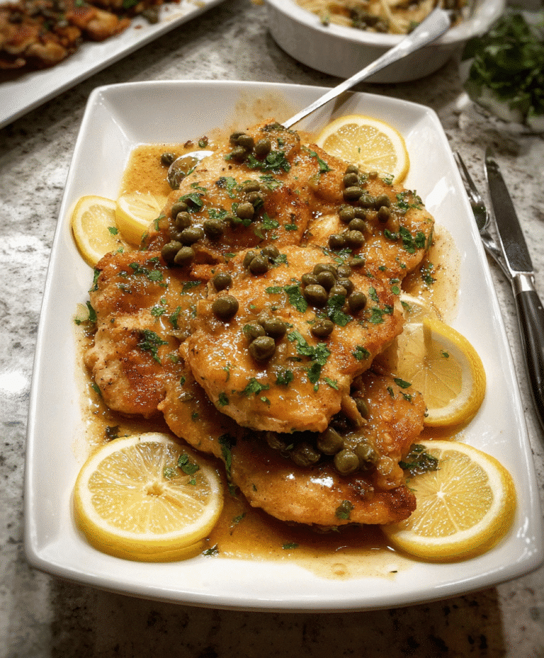 Crockpot chicken piccata with lemon slices and capers on a white plate