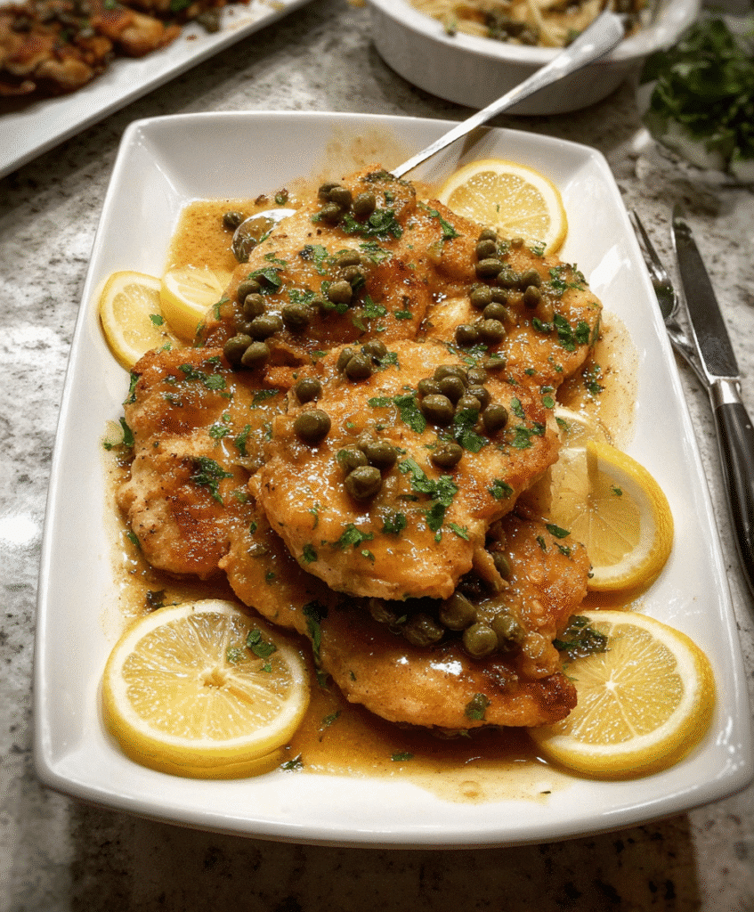 Crockpot chicken piccata with lemon slices and capers on a white plate