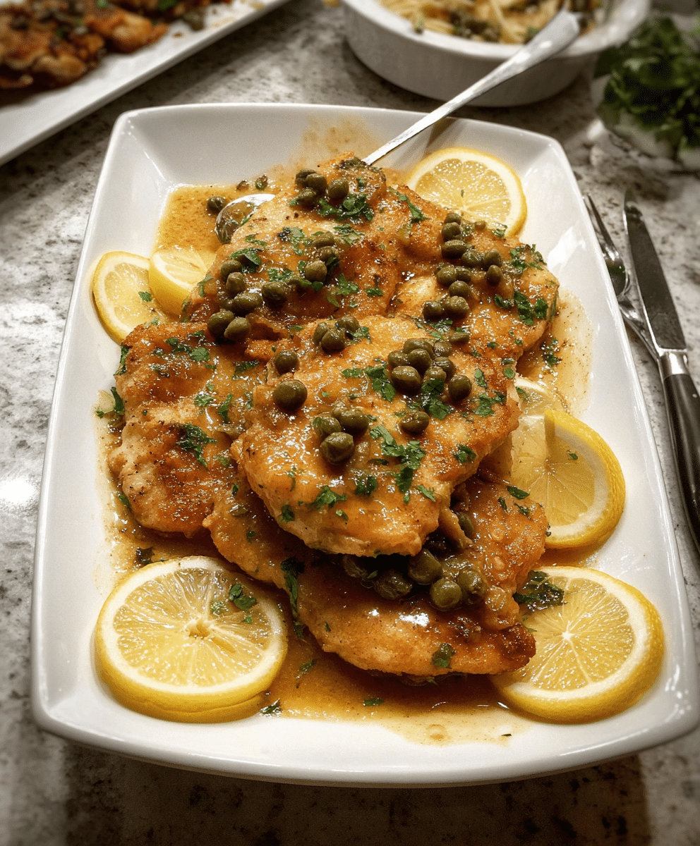 Crockpot chicken piccata with lemon slices and capers on a white plate
