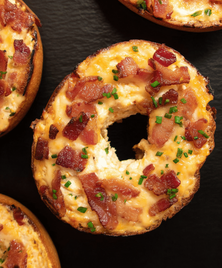Toasted bagel topped with creamy cheese, crispy bacon, and chives on black background