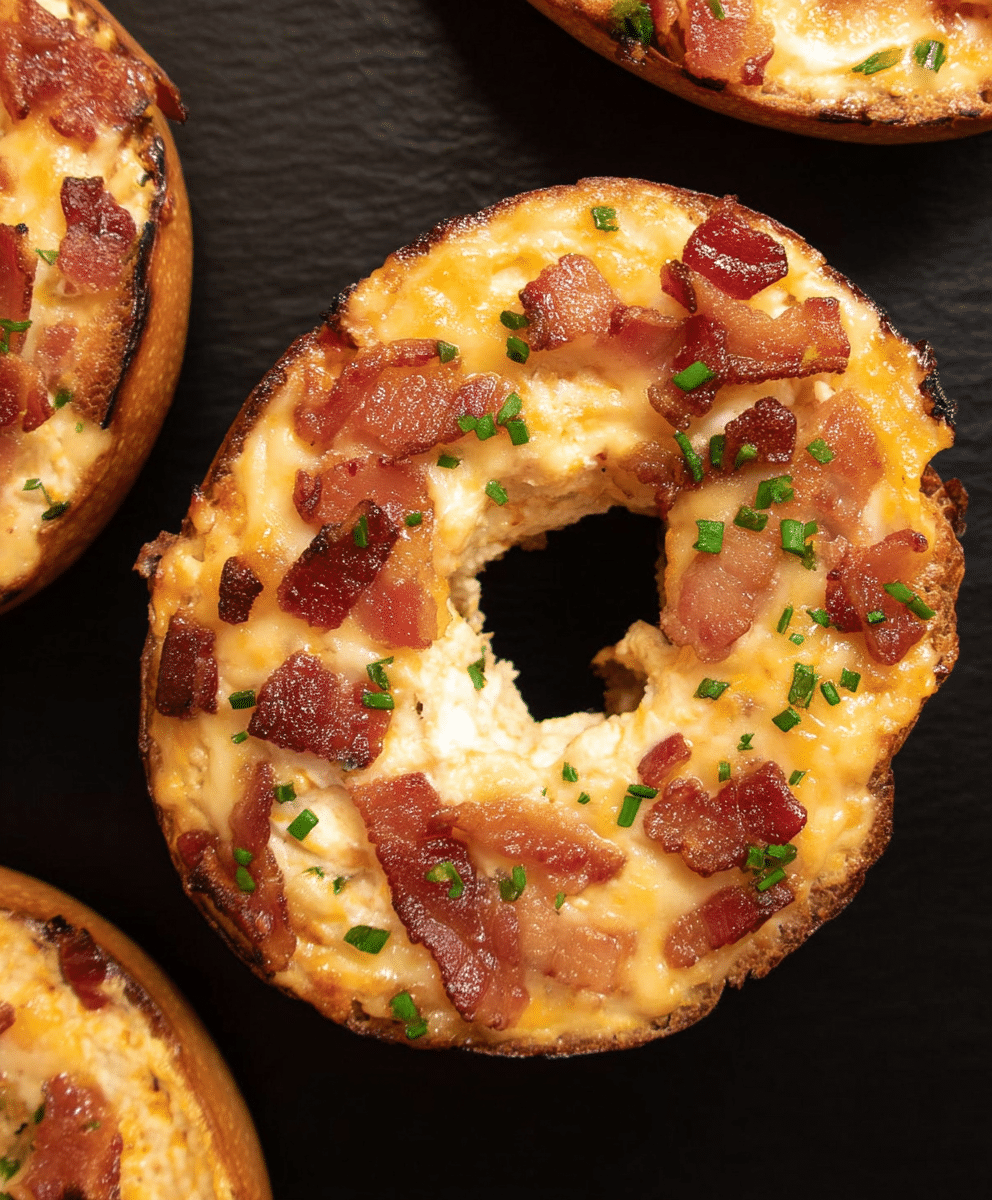 Creamy Bacon Cheddar Pu Toasted bagel topped with creamy cheese, crispy bacon, and chives on black background