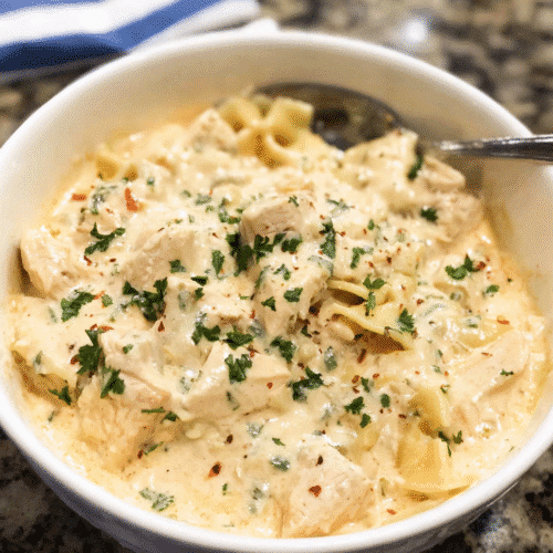 Creamy ranch chicken casserole in a white bowl