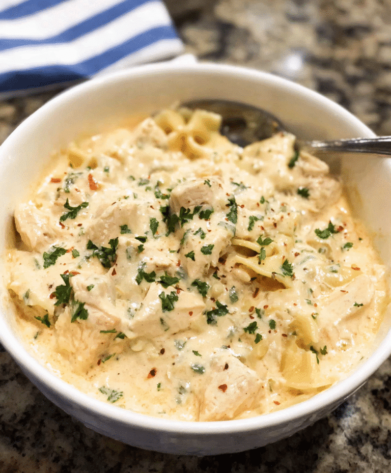 Creamy ranch chicken casserole in a white bowl