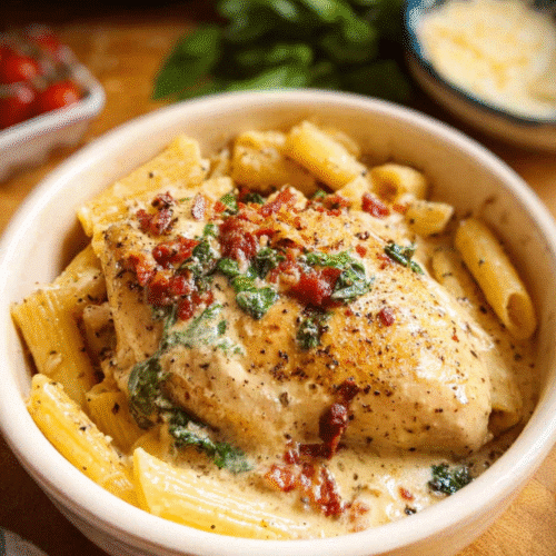 Creamy marry me chicken with pasta, bacon, and spinach in a white bowl