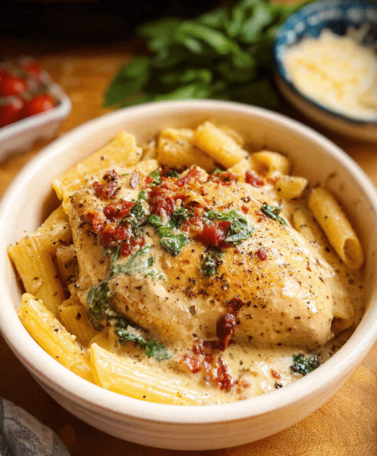 Creamy marry me chicken with pasta, bacon, and spinach in a white bowl