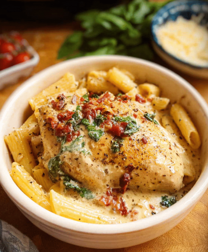 Creamy marry me chicken with pasta, bacon, and spinach in a white bowl