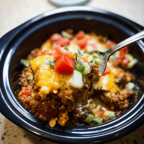 Crockpot taco casserole with melted cheese, seasoned beef, and fresh diced tomatoes