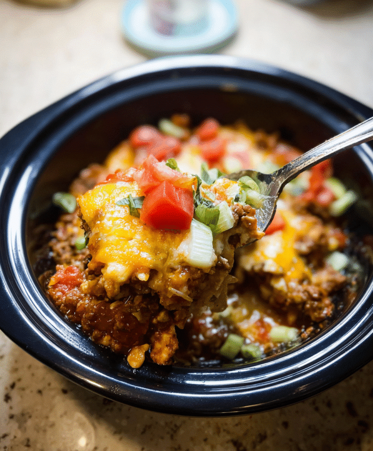 Crockpot taco casserole with melted cheese, seasoned beef, and fresh diced tomatoes
