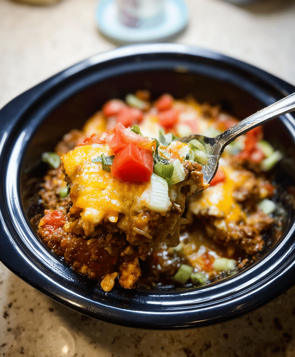 Crockpot taco casserole with melted cheese, seasoned beef, and fresh diced tomatoes