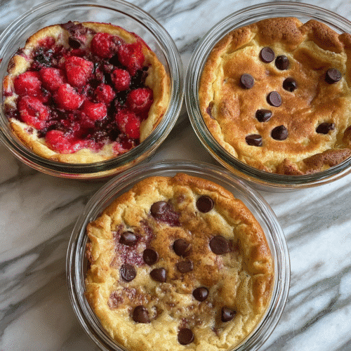 Three baked protein pancake bowls — one topped with raspberries, the others with chocolate chips — on a marble countertop.