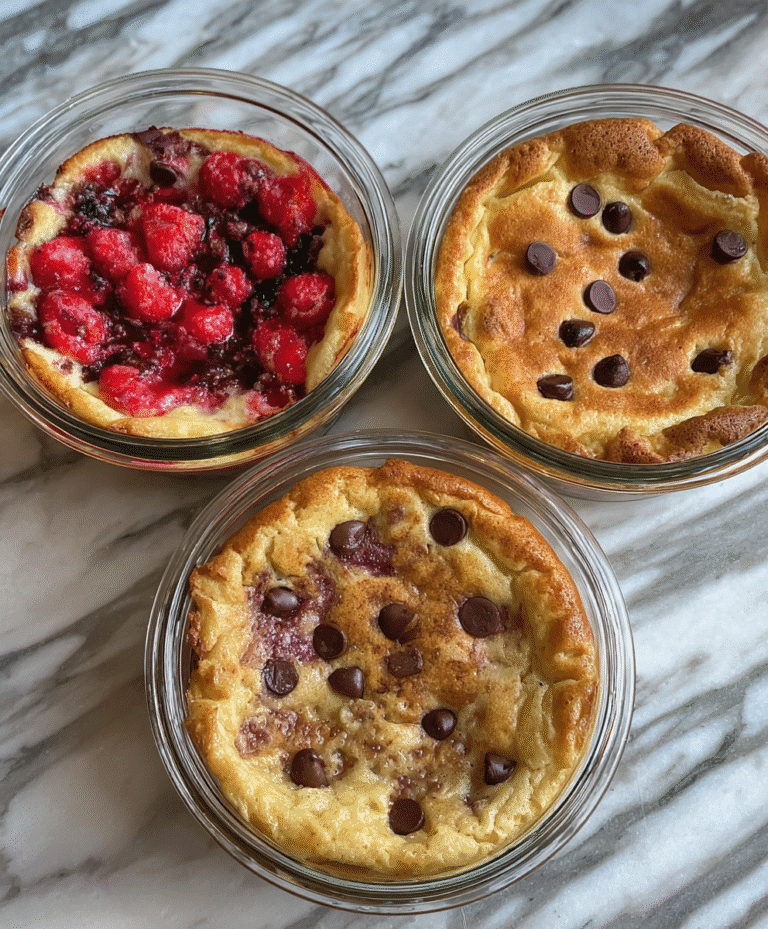 Three baked protein pancake bowls — one topped with raspberries, the others with chocolate chips — on a marble countertop.