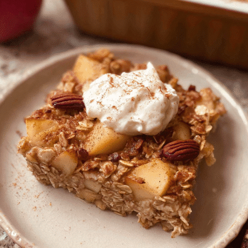Baked apple oatmeal bar topped with whipped cream and pecans