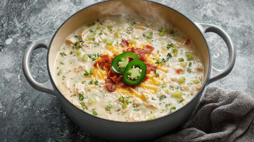 Creamy jalapeño popper chicken soup topped with melted cheese, crispy bacon, and sliced jalapeños in a Dutch oven.