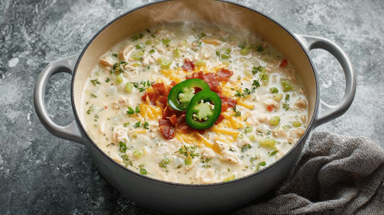 Creamy jalapeño popper chicken soup topped with melted cheese, crispy bacon, and sliced jalapeños in a Dutch oven.