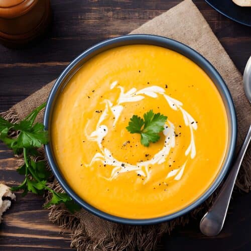 Vegan pumpkin soup in a blue bowl topped with cream swirl and parsley