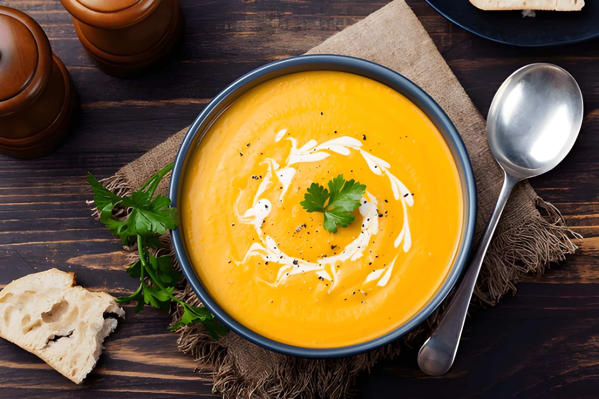 Vegan pumpkin soup in a blue bowl topped with cream swirl and parsley