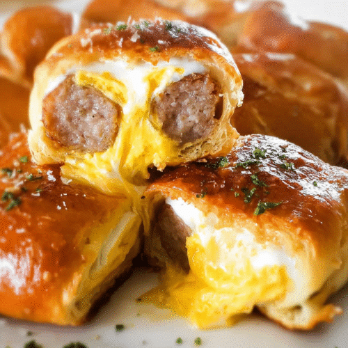 Flaky breakfast rolls filled with sausage and melted eggs, golden brown and garnished with parsley.