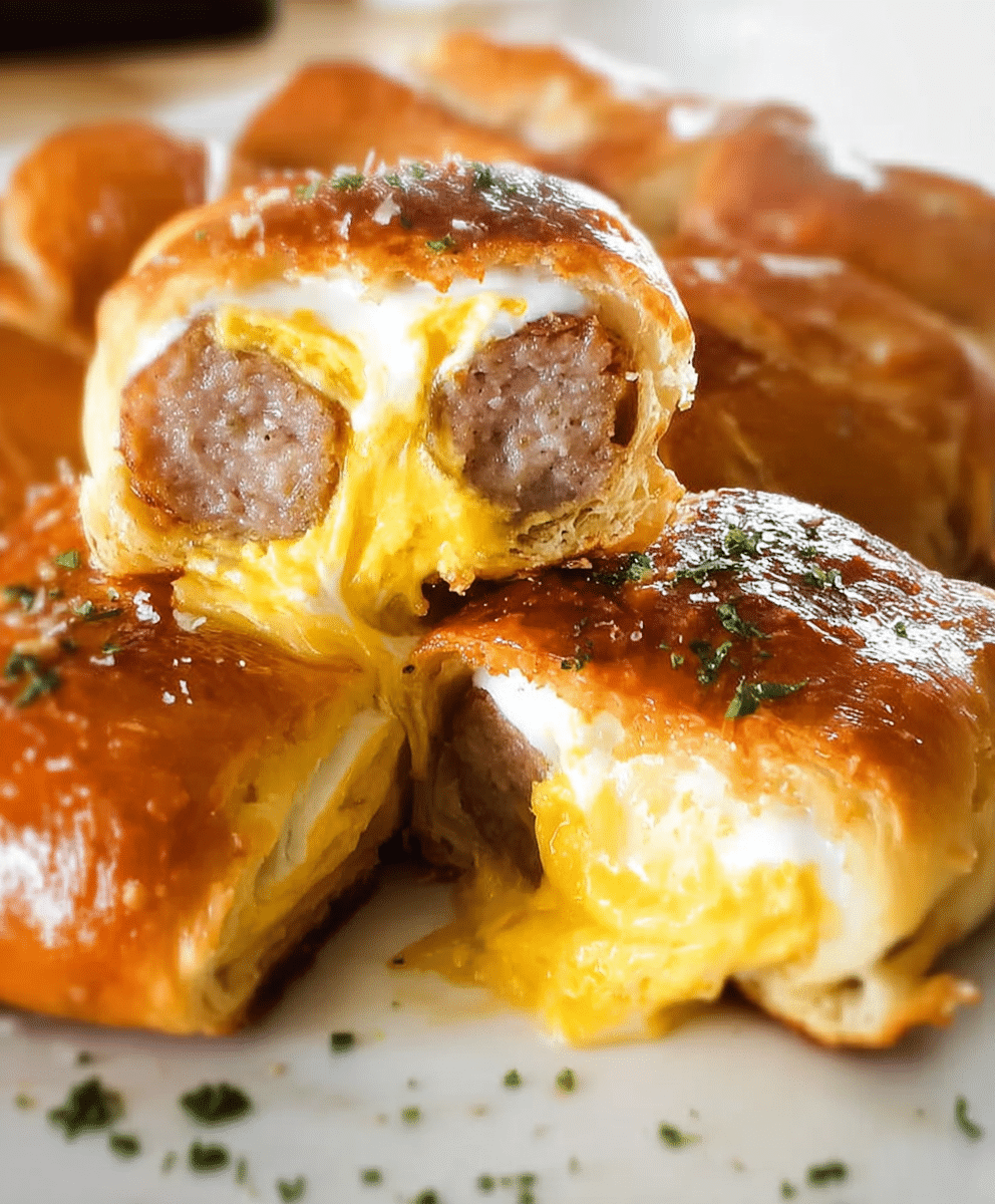 Flaky breakfast rolls filled with sausage and melted eggs, golden brown and garnished with parsley.