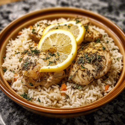 Slow cooker lemon herb chicken served over seasoned rice with lemon slices