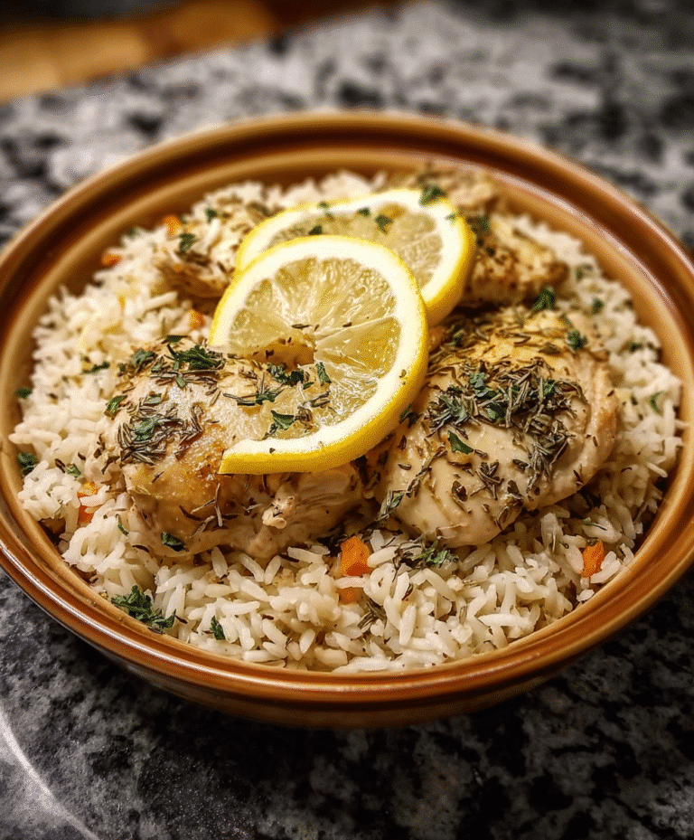 Slow cooker lemon herb chicken served over seasoned rice with lemon slices
