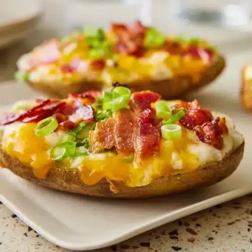 Twice baked breakfast potatoes loaded with cheddar cheese, crispy bacon, and green onions on a white plate.