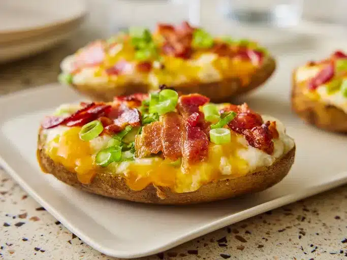 Twice baked breakfast potatoes loaded with cheddar cheese, crispy bacon, and green onions on a white plate.