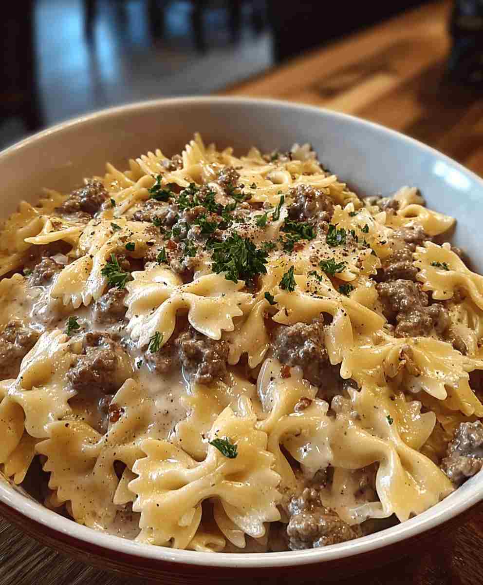 Creamy Parmesan Garlic Beef Bowtie Pasta – Easy Comfort Dinner