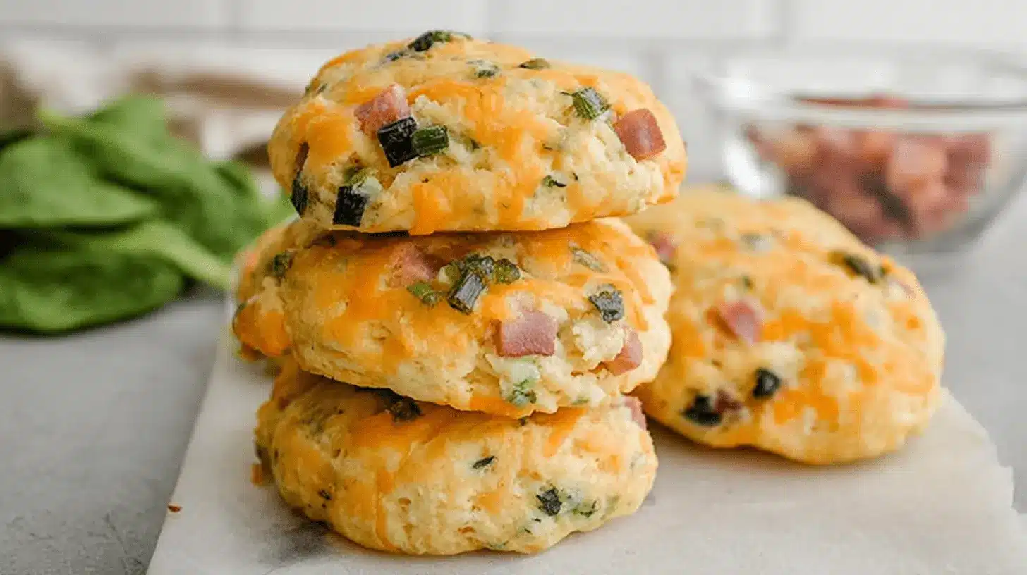 Close-up of savory Breakfast Protein Biscuits filled with melted cheese, ham, and scallions on parchment paper.