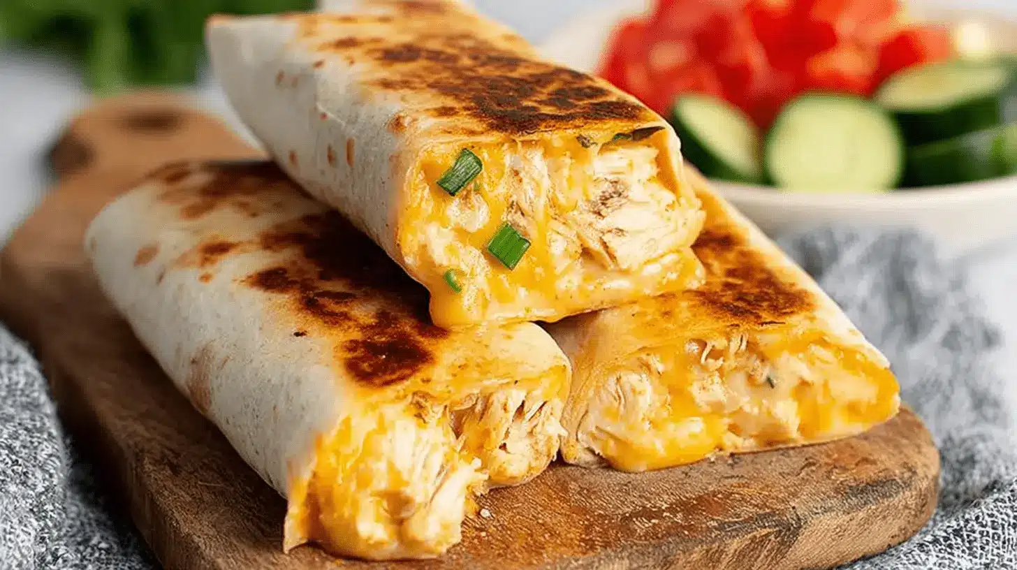 Close-up of three golden-brown Cheesy Garlic Chicken Wraps stacked on a rustic wooden board, revealing melted cheese, chicken, and green onions.