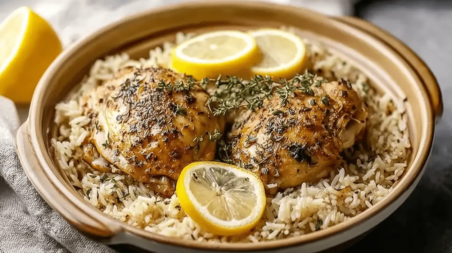 Mouth-watering Slow Cooker Lemon Herb Chicken and Rice in a rustic bowl with fresh lemon and thyme.
